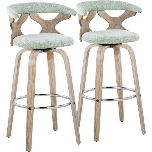 Gardenia 30" Swivel Bar Stool in White Washed Wood & Seafoam Green Fabric & Chrome (Set of 2)